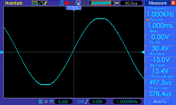 Осциллограмма (УМЗЧ класса AB на микросхеме TDA7297), синус 1 кГц, питание 18 В, нагрузка 8 Ом
