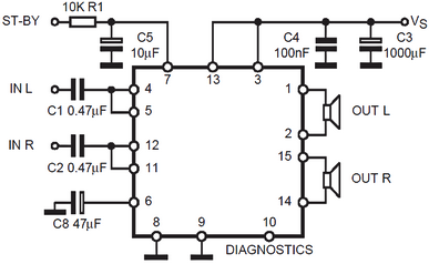 Схема звукового усилителя 2×35 Вт, TDA7377
