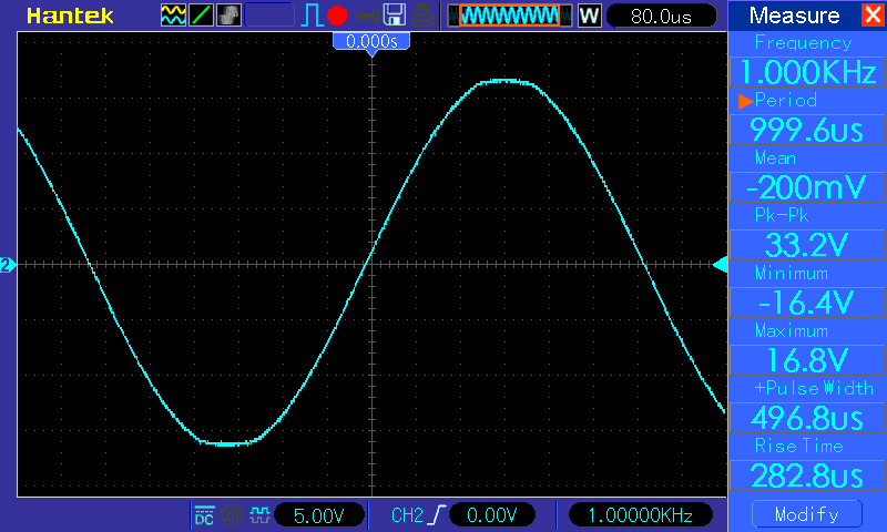 Осциллограмма TDA7377 - синус 1 кГц, нагрузка - 8 Ом