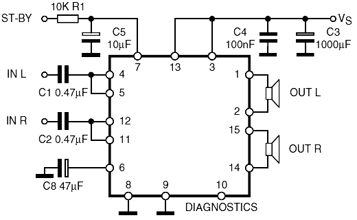 Подключение микросхемы TDA7379 с двумя мостовыми каналами