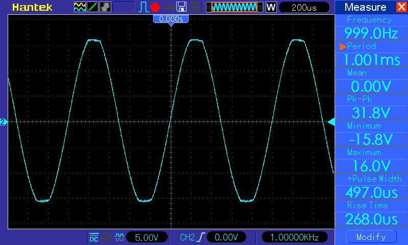 Осциллограмма TDA7388 - синус 1 кГц, нагрузка - 4 Ом