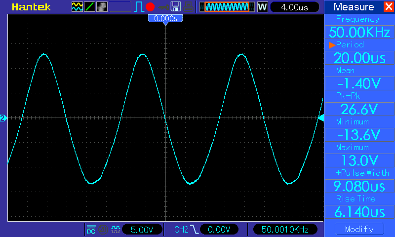Осциллограмма TDA7388 - синус 50 кГц, нагрузка - 4 Ом