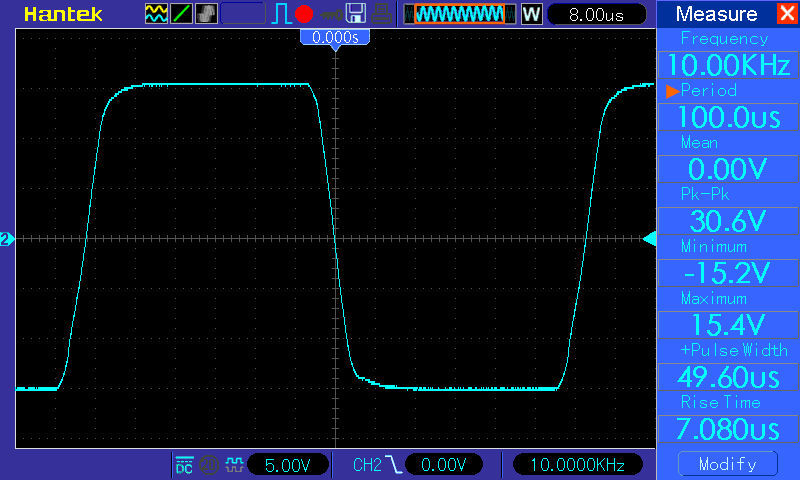 Осциллограмма TDA7388 - прямоугольник 10 кГц, нагрузка - 4 Ом