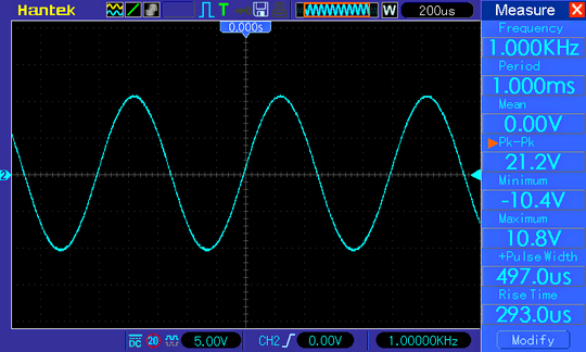 Осциллограмма TDA8932 cинус 1 кГц, напряжение питания 12 В, амплитуда - максимальная (на грани клиппинга), нагрузка 8 Ом