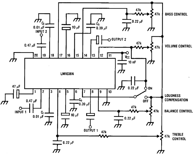 Типовая схема включения микросхемы LM1036N