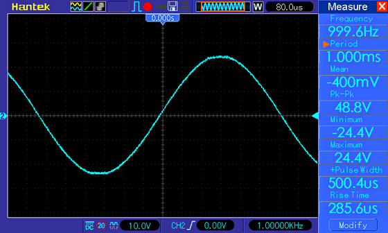 Осциллограмма TPA3118 (TPA3118D2) cинус 1 кГц, напряжение питания 26 В, амплитуда - максимальная (на грани клиппинга), нагрузка 8 Ом