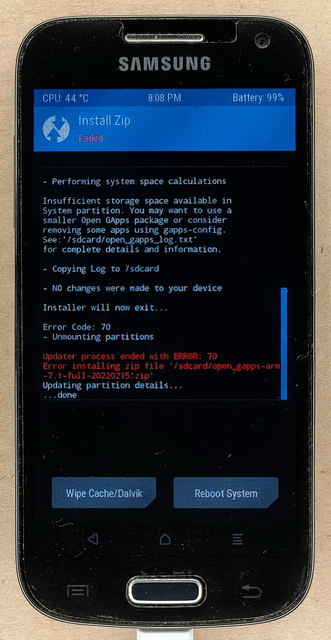 Gapps не установился с ошибкой error 70 - нехватка места в системном разделе