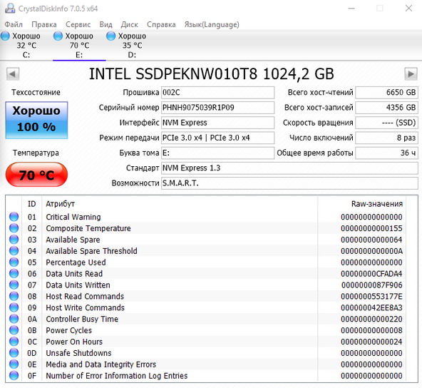 Температура твердотельного накопителя SSD intel SSDPEKNW010T8X1