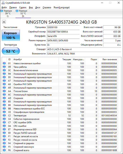 проверка состояния SSD Kingston A400 240 ГБ при выполнении тяжелых операций копирования
