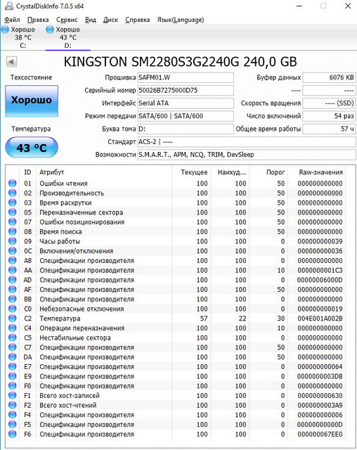 Smart-атрибуты твердотельного накопителя SSD Kingston SM2280S3G2/240G