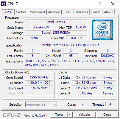 Утилита CPU-Z, данные процессора Intel Core i3-6006U в ноутбуке Lenovo V100-15ISK