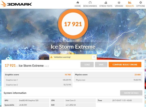 Тест 3dmark (ice storm extreme) на ноутбуке Lenovo V110-15ISK