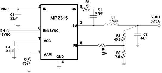 Типовая схема синхронного преобразователя на MP2315
