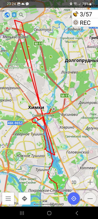 Трек поездки, записанный в условиях спуфинга GPS на смартфон с настройками для улучшения навигации