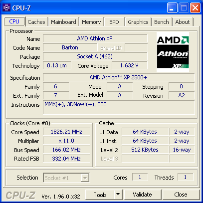CPU-Z результат для процессора AMD Barton