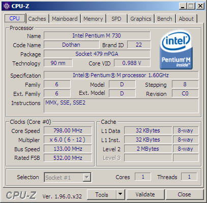 CPU-Z результат для процессора Intel Pentium M
