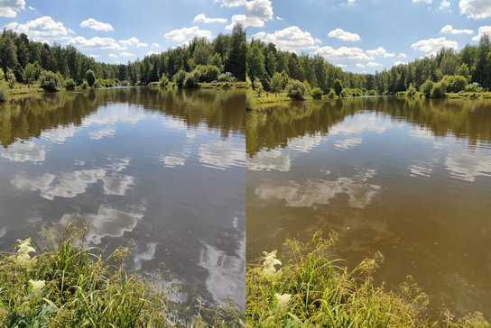 Отражение неба в воде: съемка с поляризационным фильтром и без