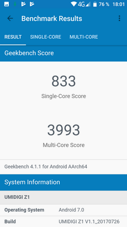 Тест geekbench для смартфона UMIDIGI Z1 - результаты